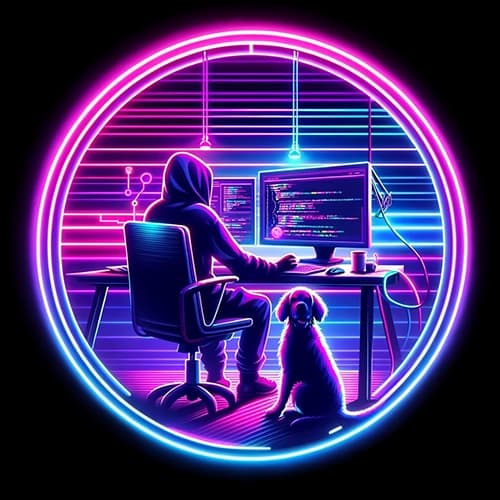 An image of a guy coding with his dog beside him